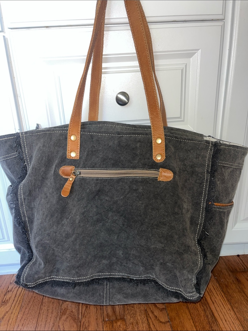 Myra Bag Welch Spring & Co. Large Canvas Tote with Brown Leather Straps - Picture 6 of 8